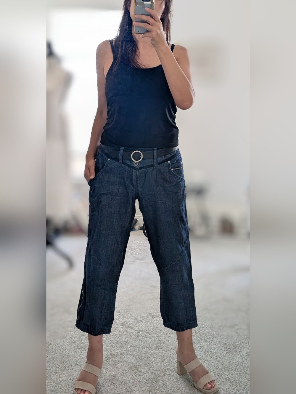 Sisley Dark Blue Denim Cropp Pants with Bottom Elasticized Hem With Side Zipper